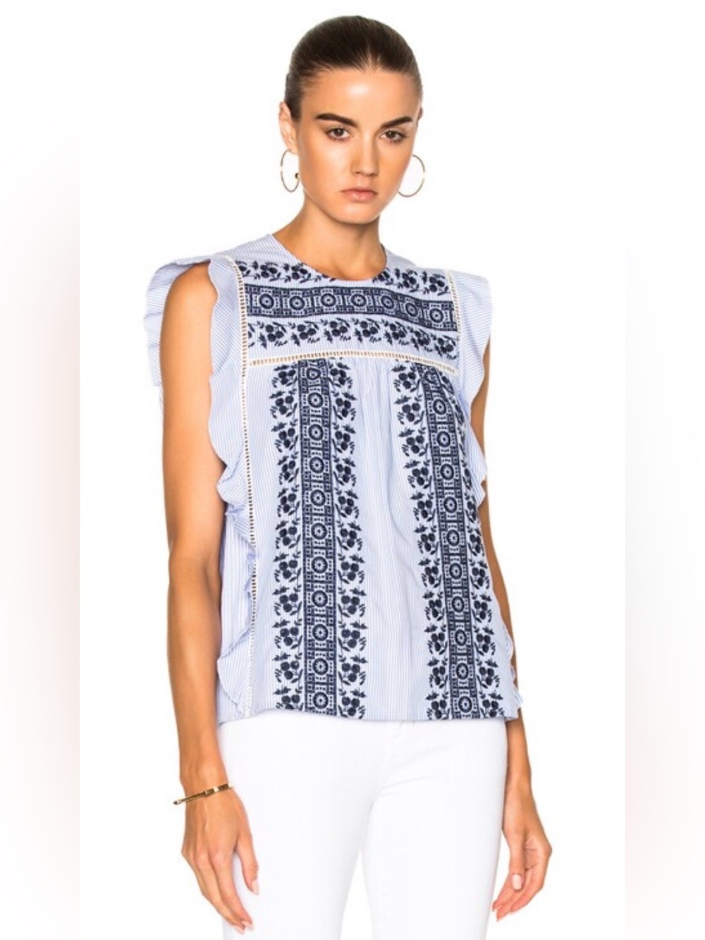 Veronica Beard Light Blue & Navy Embroidered Ruffle Tank